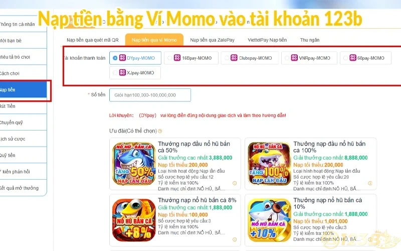 Nạp tiền 123B - Thao tác chi tiết và thời gian xử lý 3 Nạp tiền bằng Ví Momo vào tài khoản 123b