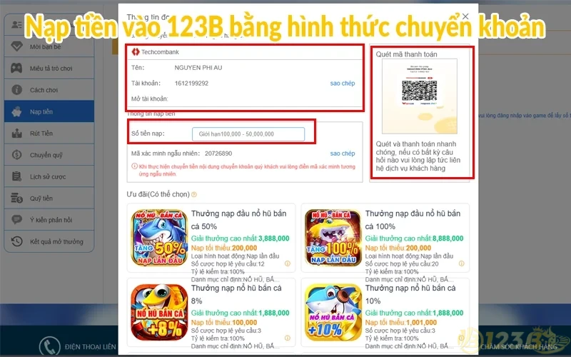 Nạp tiền 123B - Thao tác chi tiết và thời gian xử lý 2 Nạp tiền vào 123B bằng hình thức chuyển khoản